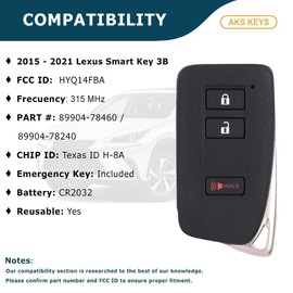 AKS KEYS Replacement for Lexus Smart Key 3 Buttons Fob (Lock, Unlock & Panic) That Uses FCC HYQ14FBA - 2110 (AG) Board - 315 MHz Compatible with 2015 - 2021 NX200t NX300h NX300 (1)