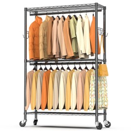 Orchidleaf Heavy Duty Clothes Rack with Wheels,Garment Rack for Hanging Clothes,Rolling Wardrobe Rack,Clothing Rack with Double Rods & 3 Wire Shelves(Black,43"x 18"x 81")