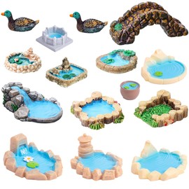 Fairy Garden Pond 15 Pack Mini Pond for Fairy Garden Accessories Small Pond Figurines for Zen Garden Accessories Miniature Things Stuff Kit Tiny Resin Figures Little Bridge Statue Gifts Brown