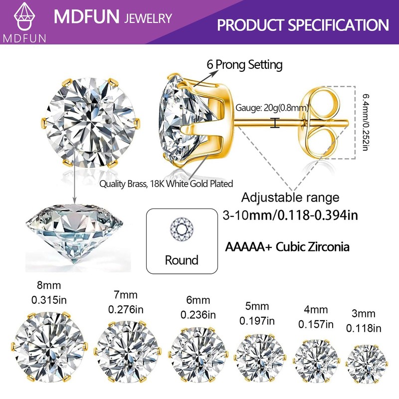 MDFUN 6 Pairs 8MM 18K Yellow Gold Plated Round 5A+