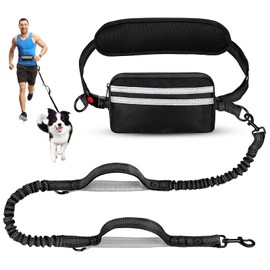 Hands Free Dog Lead with Adjustable Waist Belt Shock,Absorbing Bungee Reflective Stitching for Medium,Large Dogs Running,Hiking,Detachable Pouch Black(for 1 Dog, XS-XXL)