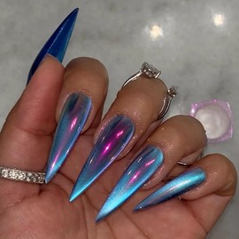 MISUD Press on Nails - Long Stiletto Glue on Nails with Blue Cat Eye, Acrylic Chrome Design 24 pcs