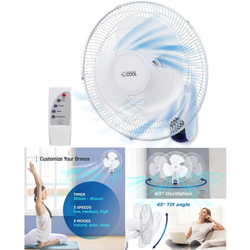 ComfortZone Wall Mount Fan With Remote 16" Oscillating Quiet 3