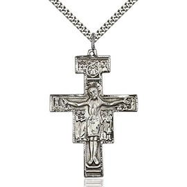 Bonyak Jewelry Sterling Silver San Damiano Pendant 2 x 1 3/8 inches with Heavy Curb Chain