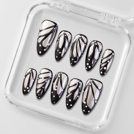 Zfans Almond Shape DreamWear Collection - 100% Handcrafted 3D Press-On Nails | Reusable, Long-Lasting, Salon-Quality Mint Bloom Eco-Friendly Nail Art Set:_Midnight Butterfly_s