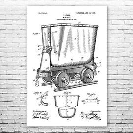Mine Car Poster Print, Mining Decor, Gold Prospector, Miner Gift, Cart Blueprint, Gold Rush Art, Rock Collector Black & White (24 inch x 36 inch)
