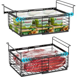 iSPECLE Freezer Organizer Bins for 10 to 20 Cu.Ft, 2 Pack Expandable Hanging Baskets Fit 17.5"-22.6" Width, Metal Wire Storage Racks for Deep Freeze, Not for Upright, Black