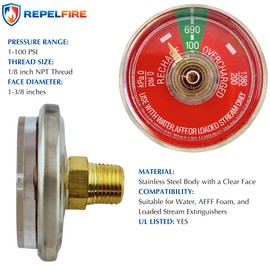 1–100 PSI Pressure Gauge for Portable Water Fire Extinguishers | Fits Amerex, Ansul, Badger | 1/8" NPT Thread | Stainless Steel Body, Clear Dial | Replacement Part | 1-Pack
