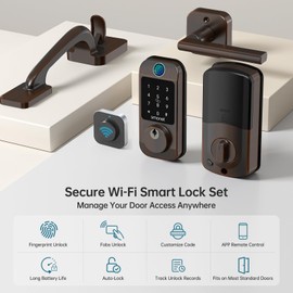Smart Front Door Lock Handleset – SMONET Fingerprint Keyless Entry Bluetooth & Alexa Compatible, Auto Lock, Digital Keypad, WiFi Remote Control, Fob & App for Home, Rental, Bronze