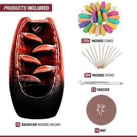 Anbar Backflow Incense Burner with 120 Cones, 30 Sticks, Tongs, and Table Mat, Natural Aromatherapy with Ceramic Smoke Waterfall, Supports Meditation and Relaxation, Home Decor (Red)