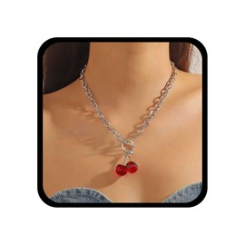 Allereya Vintage Cherry Pendent Necklace Silver Paperclip Chain Choker Necklace Red Cherry Necklace Cherry Fruit Necklace Jewelry for Women