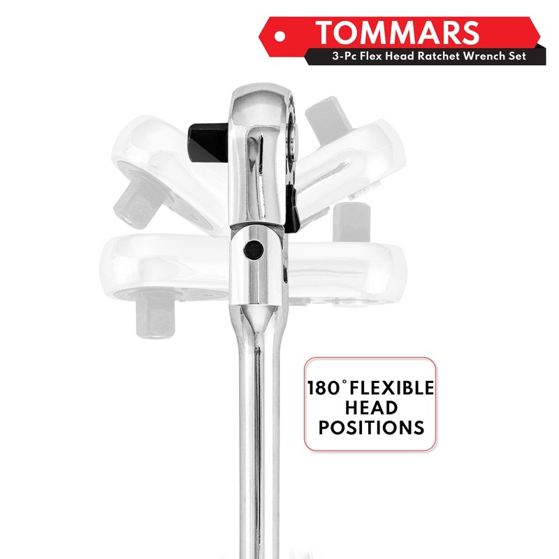 TOMMARS Flex-Head Ratchet Set, 1/4", 3/8", 1/2" Drive Flexible Ratchet