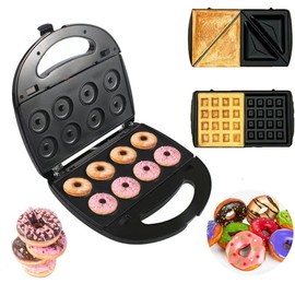 KOLENSA Donut Maker, 3 in 1 Electric Sandwich Waffle Machine, Panini Dessert Toaster with 3 Removable Non Stick Baking Plates，750W interchangeable Iron Set, For Breakfast and Afternoon Tea Use