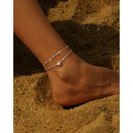 Anklet for Women Silver 925 Gold Anklet for Women Double Heart Beads Plate Twist Infinity Anklet Waterproof Adjustable Anklet Layered Summer Beach Foot Jewellery Gift