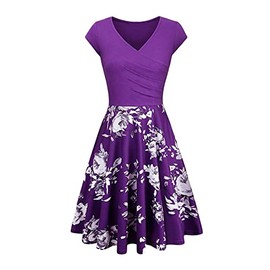 YMING Women's 1950s Vintage Wrap Deep V Neck Cap Sleeve Retro Cocktail Swing Dress Floral Violet L