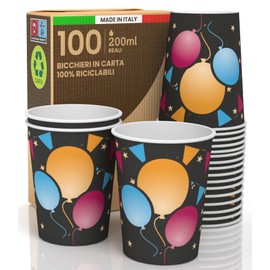 Baciato Caffè 100 Paper Cups 200 ml Made in Italy Eco Friendly Biodegradable Sports Hot Drinks Colourful Black Party - Made and Packed in Italy