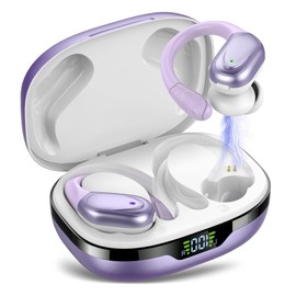 Bluetooth Sports Headphones, Wireless Bluetooth 5.3, 60 Hours Wireless Headphones with Deep Bass, In-Ear Headphones with 4 ENC Clear Mic, IPX7 Waterproof Earphones with Ear Hooks, White Purple