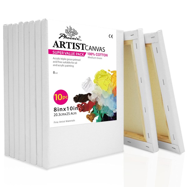 PHOENIX Stretched Canvas for Painting 8x10 Inch/10 Value Pack, 8 Oz Triple Primed 5/8 Inch Profile 100% Cotton White Blank Canvas, Artist Framed Canvas for Oil Acrylic & Pouring Art