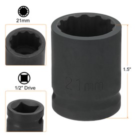 HARFINGTON 12-Point Impact Socket 1/2 Inch Drive 21mm Metric Cr-V Shallow Impact Socket Nut Driver Wrench for Auto Repair