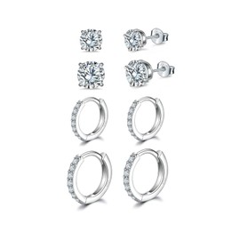 Stud Earrings Set Silver Stud Earrings Small Hoop Sleeper Cartilage Huggie Silver Earrings for Women Girls Men, Silver, Zircon