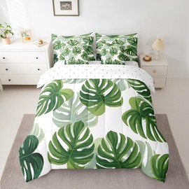 Palm Leaf Bedding Set Hawaii Tropical Comforter Set 7 Pieces Queen Kids Green Botanical Plants Leaves Sheet Set With Comforter,Hawaii Plant Summer Decor Bed In A Bag for Women Men Adults Room Decor