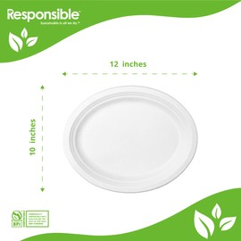 Responsible Products 12 x 10 inch Oval Platters I Tree-Less™ Compostable Molded Fiber Oval Plates I Extra Strength I No Added PFAS I Classic White (50 Count)