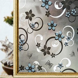 CVANU Printed Blue Flower Opaque Window Cling Frosted Vinyl Sheets for Front Door/Bathroom/Sidelight/Small Windows (Frosted, 12''x36'')