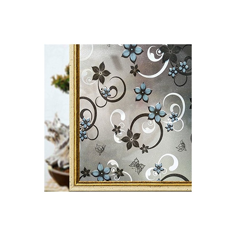 CVANU Printed Blue Flower Opaque Window Cling Frosted Vinyl Sheets