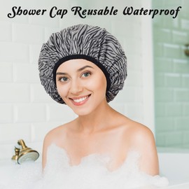Shower Cap for Women, Shower Caps for Women Reusable Waterproof, Satin Lined Shower Cap, Hair Cap for Shower, Large Plastic Double Layers Bath Caps for Curly Hair Braids