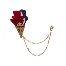 Knighthood Brooch Lapel Pin for Men Red White and Navy Blue Flower Bunch with Leaf Hanging Metal Chain and Crystal Lapel Pin Badge Coat Suit Wedding Gift Party Shirt Collar Accessories