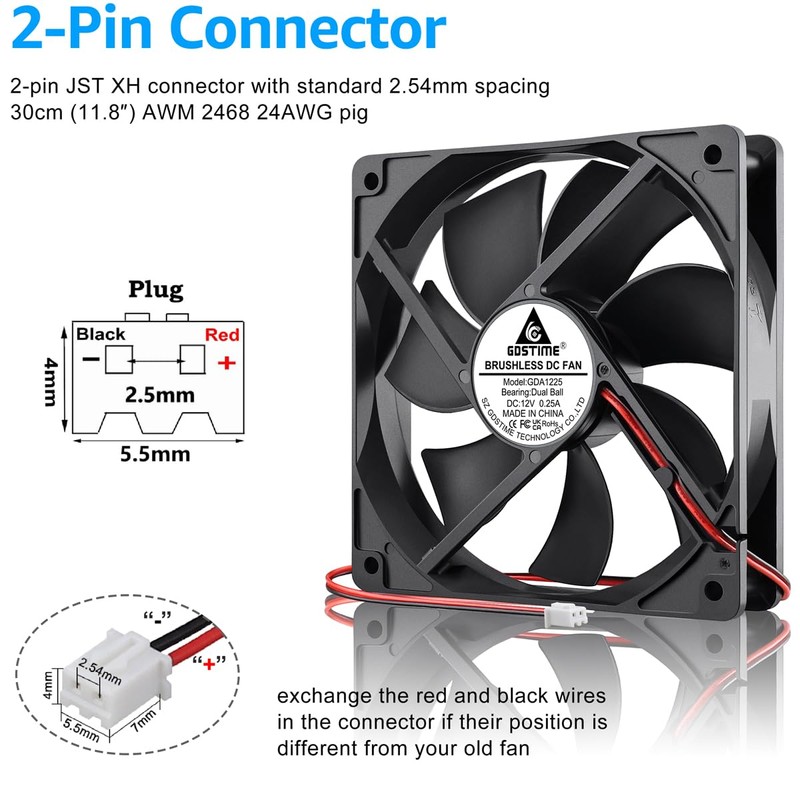 GDSTIME 120mm x 25mm 12V Fan 2 Pin Dual Ball