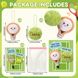 Equsion 15 Set Mini Tennis Racket Keychain Ball Plush Keyring Cute Happy Card for Tennis Party Themed Gifts Favor Decoration Sports Lover Teams Birthday Gifts