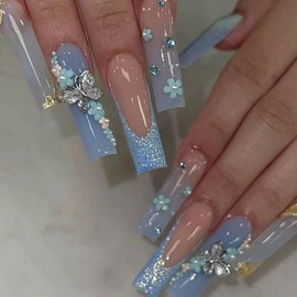 ANDGING Long Press on Nails Square Blue French Tip Fake Nails with Glue Acrylic Bling Butterfly Flower Glue on Nails with Designs Gel Manicure False Nail for Women Classy Stick ons Nails for Wedding