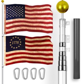 G128 Combo Pack: 20 Ft Telescoping Aluminum Flagpole (Silver) & American and Betsy Ross 1776 Tea Stained Flags 3x5 Ft, Both ToughWeave Series Embroidered Polyester | Pole with Flags Included