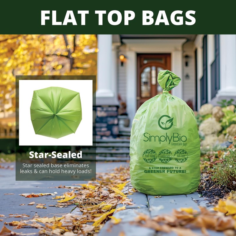 Simply Bio 30-33 Gallon Compostable Trash Bags Liners Flat-Top, Heavy