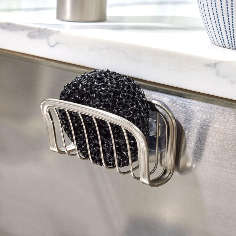 iDesign Suction Cup Sponge Holder for Kitchen Sink - Brushed