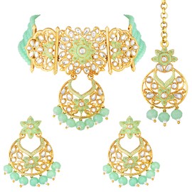 Aheli Ethnic Kundan Choker Necklace Indian Traditional Bollywood Fashion Jewelry Set with Earrings for Women (Mint)