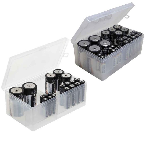 Battery Storage Box Organizer Pack of 2 Cases. Stores AAA, AA, C and D Size. Holds up to 34 Batteries per Pack. by Massca