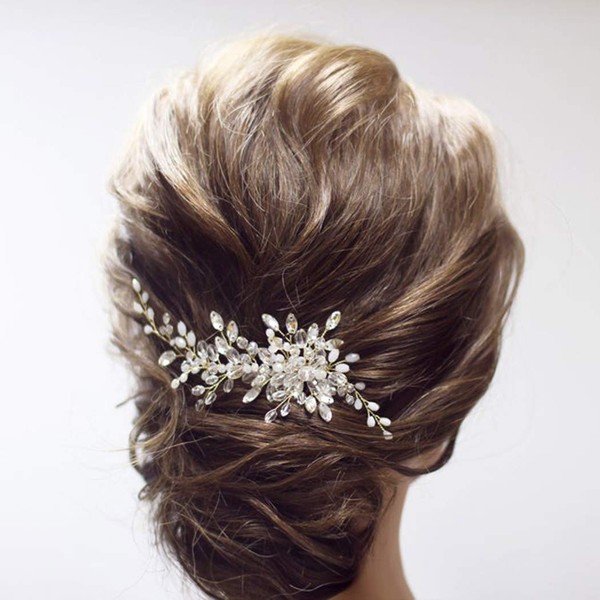 Latious Silver Bride Wedding Hair Comb Crystal Bridal Side Comb Pearl Hair Piece Rhinestone Hair Accessories for Women and Girls