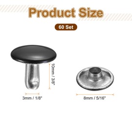 HARFINGTON 60 Sets Double Cap Leather Rivets, 10x10mm Round Cap Tubular Metal Studs Leather Crafting Rivets for Fabric Belt Pet Collar Boot Bag Repair and Decoration, Black