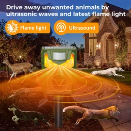 X-octenol Solar Animal Repeller Ultrasonic Deer Repeller Fox Deterrent with 5 Modes Motion Sensor Flame Light for Repel Squirrel Cat Dog Outdoor Lawn Orchard Garden (2, Green)