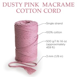 MB Cordas Macrame Cord 3mm 140 Meters 1 Strand Super Soft Cotton Rope for Macrame Dream Catcher, Boho Wall Hanging Feather and Wall Tapestry - Dusty Pink