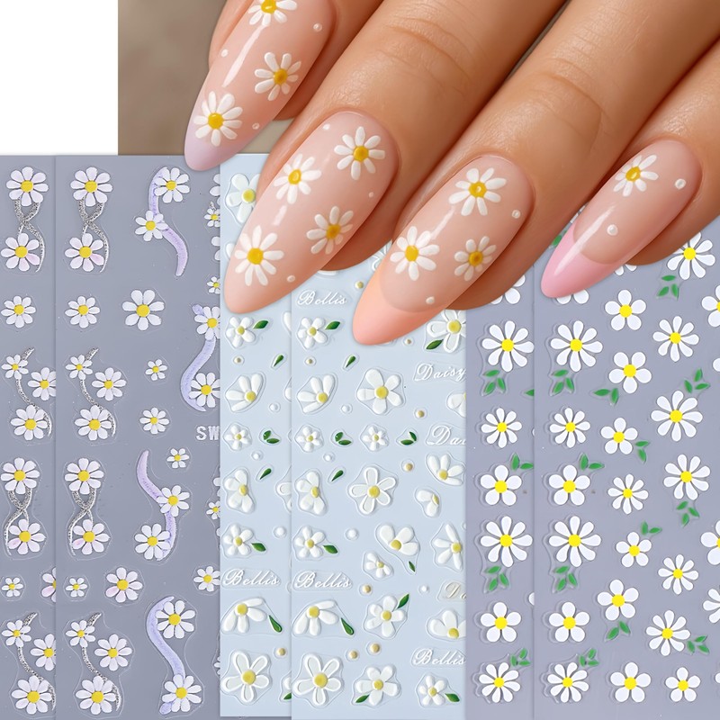 6 Sheets Cute Daisy Nail Stickers 3D Self Adhesive Embossed
