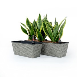 espidoo 2-Pack Self-Watering Wicker Planters: Rustic Gray Rectangle Pots - Hand Woven Rattan & Plastic for Indoor/Outdoor - Eco-Friendly Home Garden Decor with Water Level Indicator