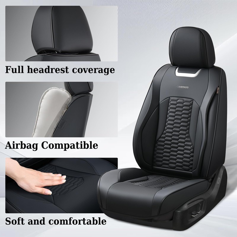 Coverado Seat Covers Front Seats, Luxury Leather Black Car Seat