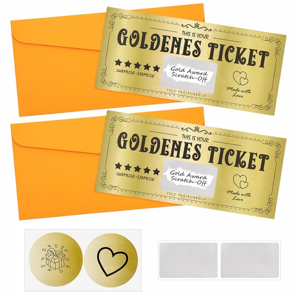 Pack of 2 Golden Tickets with 2 Gold-Coloured Scratch Stickers, 2 Round Stickers and 2 Envelopes, Vouchers to Fill Yourself for Christmas Vouchers, Invitations, Film Vouchers, Birthday Cards
