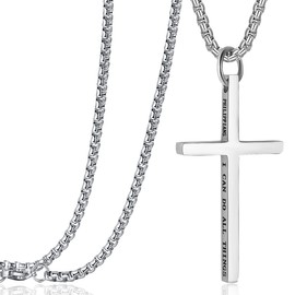 Rehoboth Cross Pendant Necklaces for Men Women Philippians 4:13 Bible Verse I Can Do All Things Stainless Steel Chain 16/20/24/28 Inchs Black Silver Gold (24 inchs,Silver)