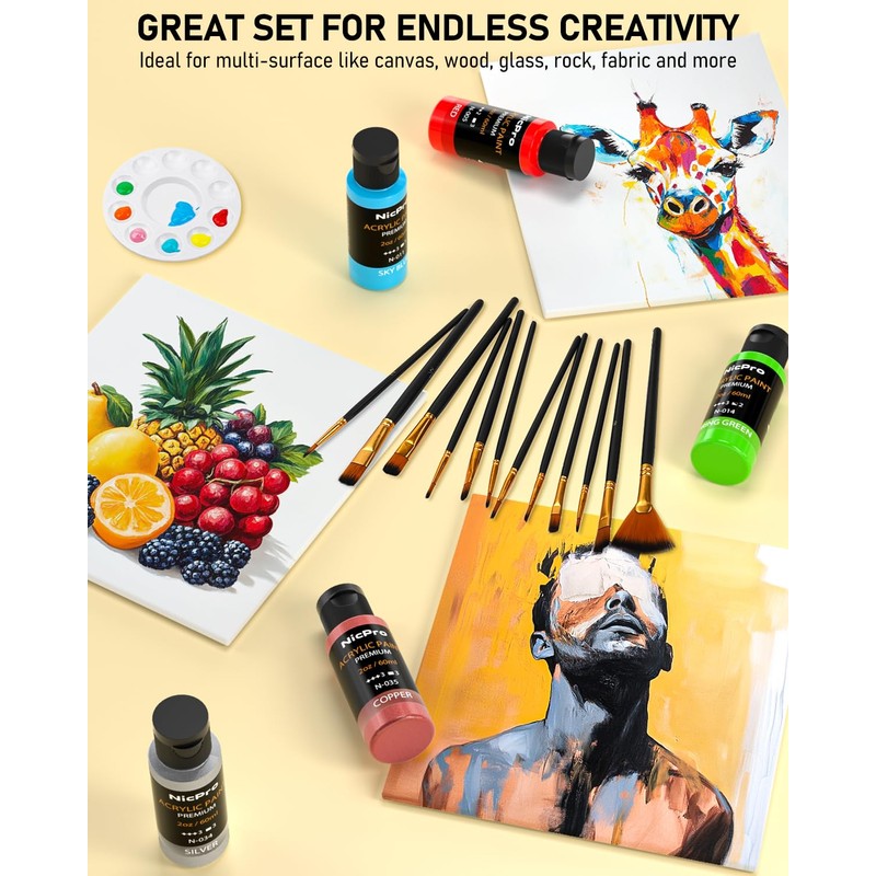 Nicpro 36 Colors Acrylic Paint Set with 12 Brushes &