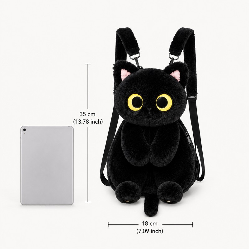 Black Cat Plush Backpack for Everyday Carry – Big-Eye Kawaii