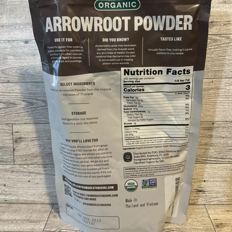 FGO Organic Arrowroot Powder (Flour), From Thailand, 16oz, 453 Servings